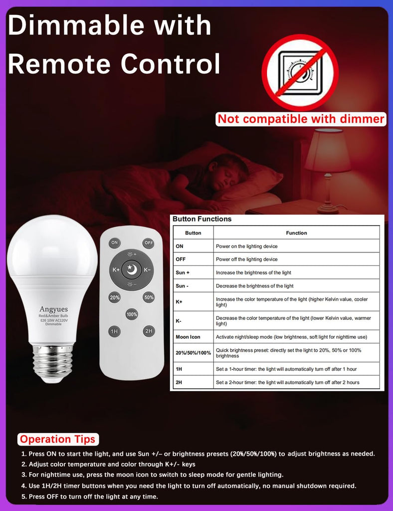 Red and Amber Sleep Bulb with Remote Control Choose 660nm Red Light or 1800K Amberlight,Timer Function, 10W Blue