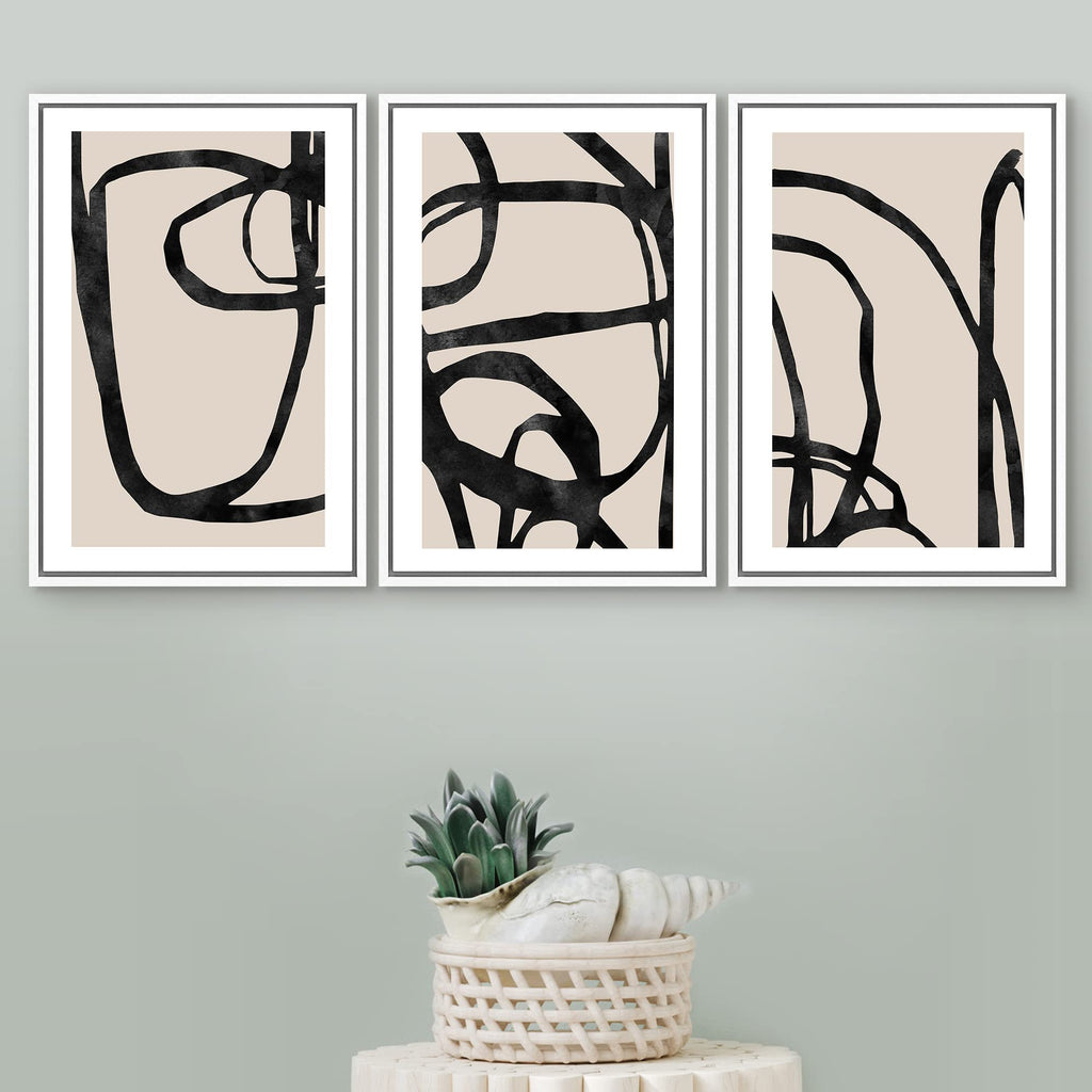 Framed Canvas Print Wall Art Set Mid-Century Black Tan Line Collage Abstract Shapes Illustrations Modern Art Bohemian