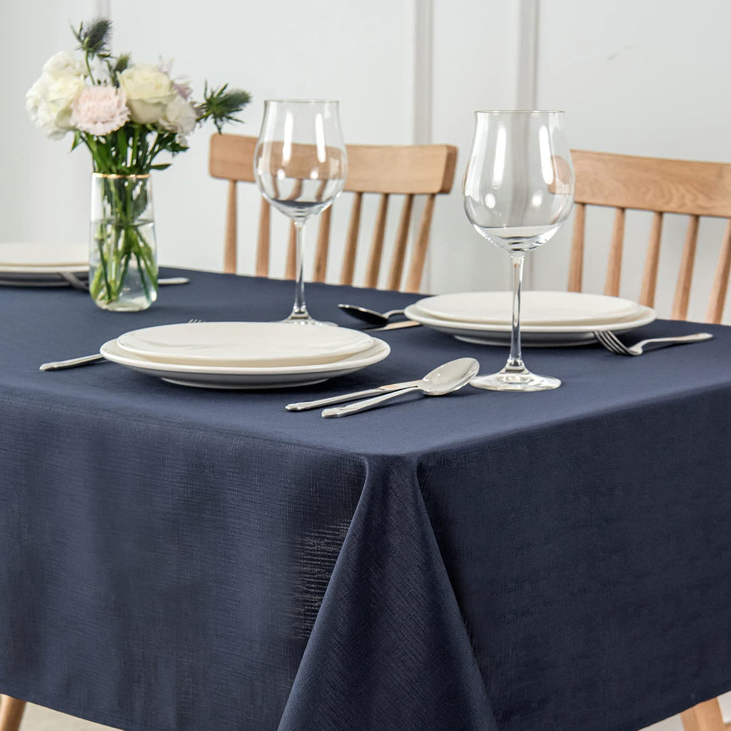 2 Pack 60 x 84 Inch Navy Faux Linen Textured Rectangle Tablecloth Water Resistant Wrinkle Free Spill-Proof, Soft