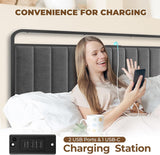 Full Bed Frame with LED Light and Charging Station, Upholstered Headboard and Footboard, Metal Slat, Noise Free