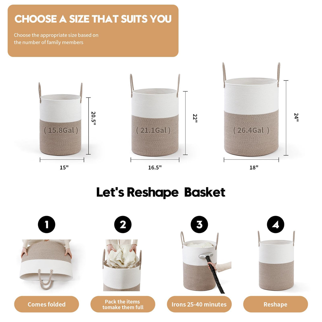 Basket Hamper Tall Rope Storage Woven for Blanket toys Dirty Clothes Bathroom Bedroom (White&Brown, 100L/26.4Gal)