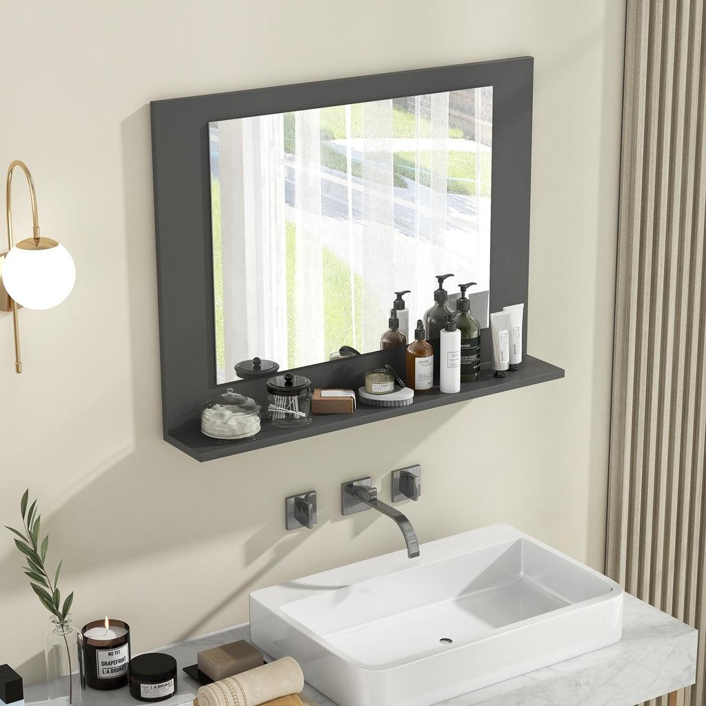 Bathroom Mirror with Shelf, 23.5" x 17.5" Rectangle Wood Frame Bathroom Vanity Mirror for Over Sink, Wall Mounted