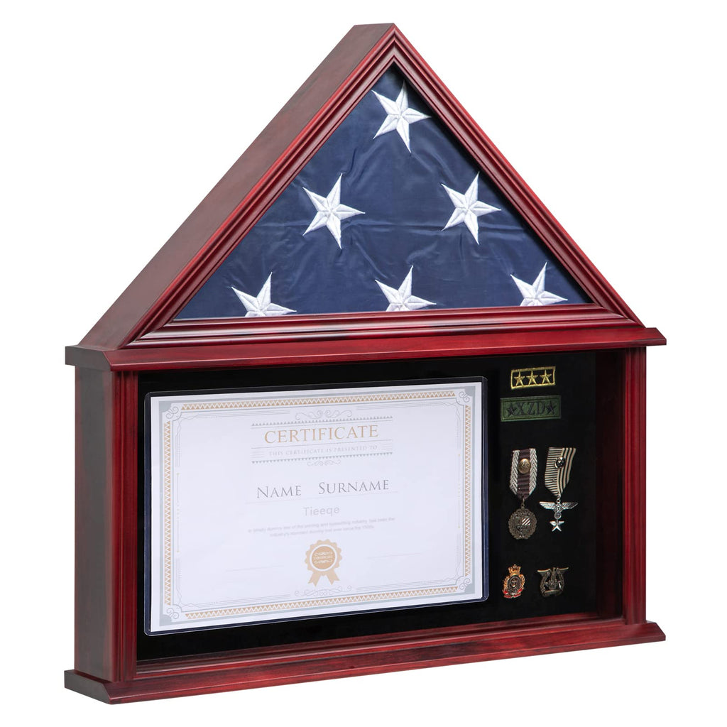 Large Military Shadow Box with Flag Display Case, Mahogany