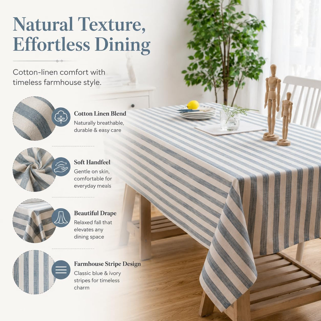 Boho Tablelcoth Rectangular Blue and White Striped Table Cloth 84 Inches Long for 6 Foot Rectangle Dining Kitchen