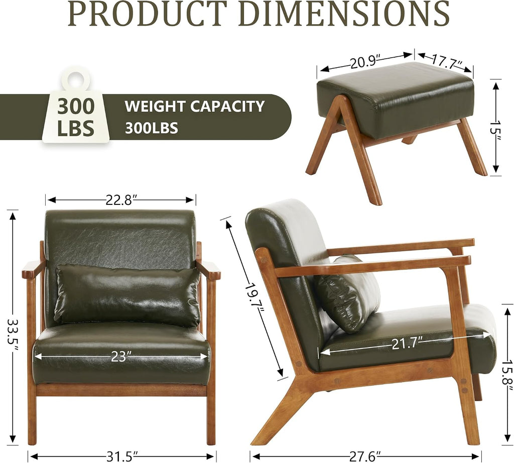 Accent Chair and Ottoman Set, Mid-Century Modern Faux Leather Upholstered Lounge Armchair with Pillow, Solid Wood - Set of 2