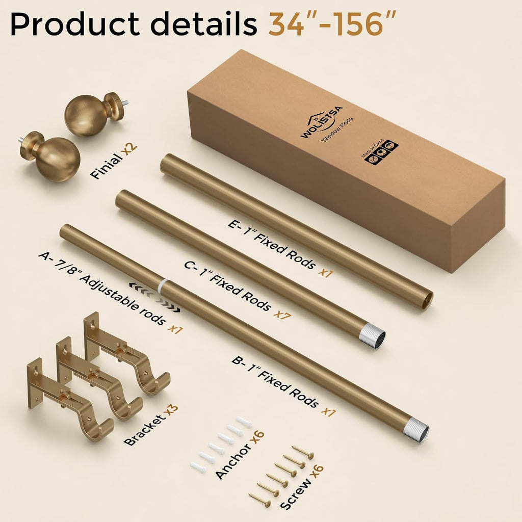 Brass Gold Curtain Rod 34-152 Inch, Brushed Warm Gold Extra Long Antique Bronze Window Treatment Rods, 1 Inch