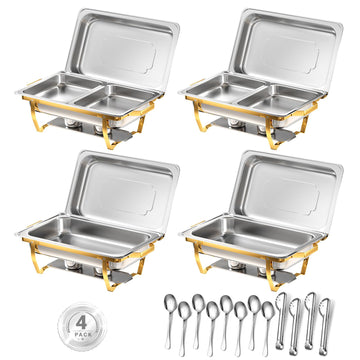 Chafing Dishes for Buffet, 8 Qt Food Warmers 4 Pack 6 Pans Half Gold