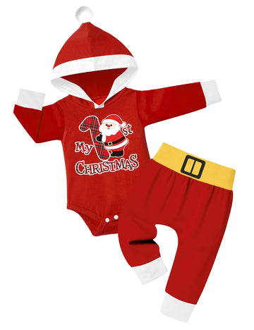 Baby Boy Christmas Outfit Santa Hooded Romper Pants Set Red