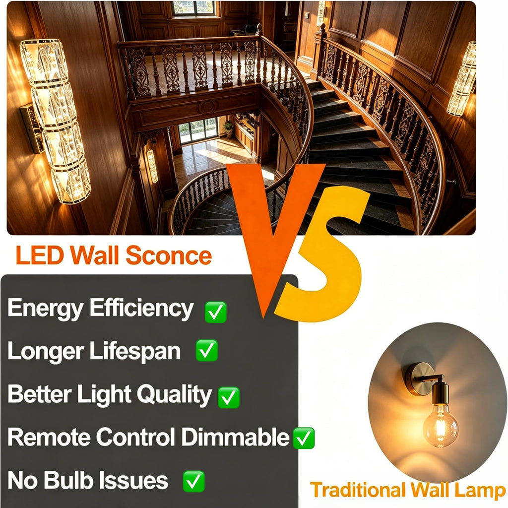 Gold K9 Crystal Wall Sconce, Hardwired LED Wall Light