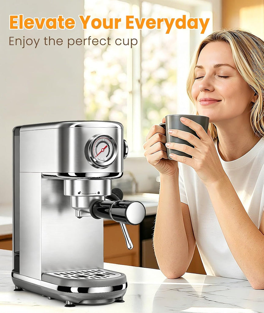 Espresso Machine with Milk Frother, 20 Bar Pressure Espresso Maker | with 44OZ Removable Tank, Compact Stainless