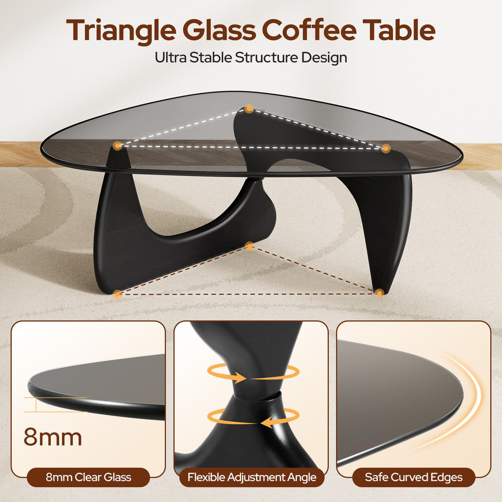 Inspired Noguchi Style Modern Glass Coffee Table, 43''W Large Mid Century Triangle Coffee Table Bedroom Reception Office Tables