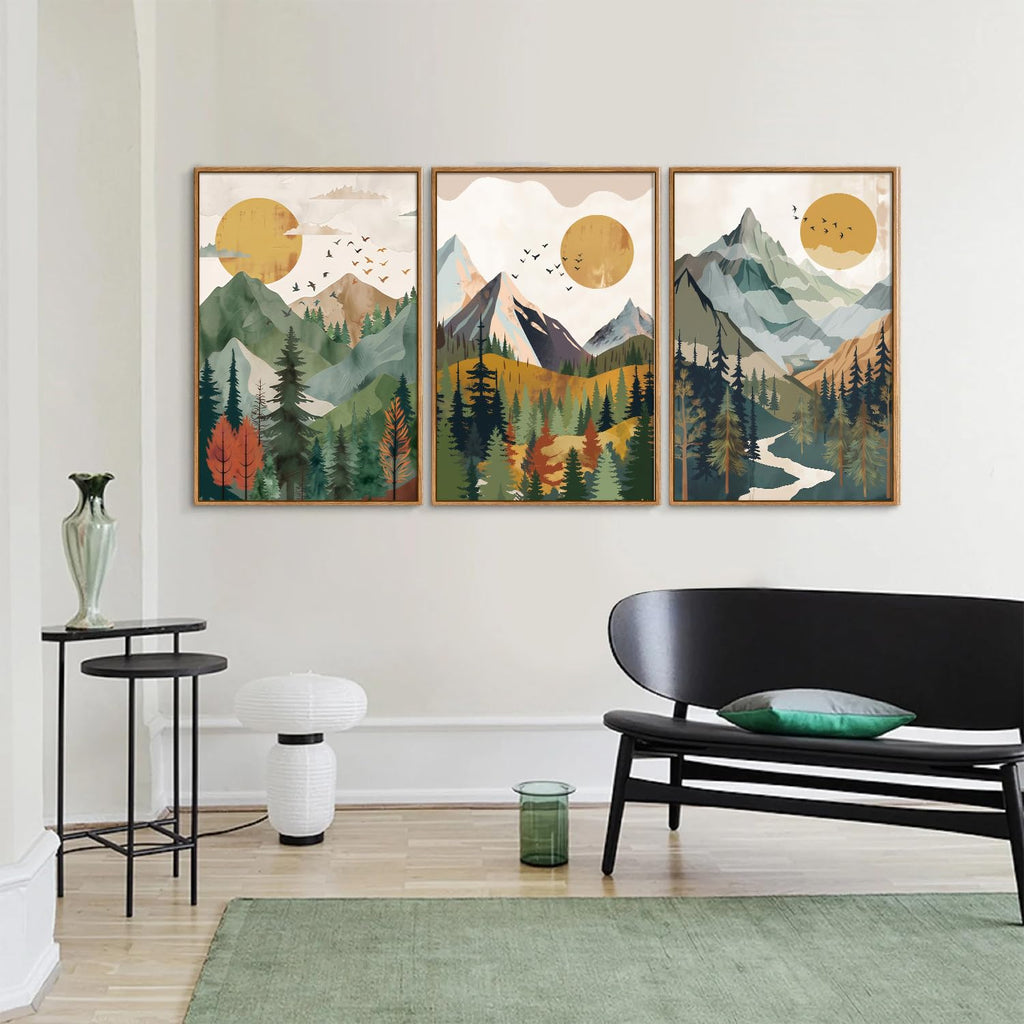 Boho Mountain Framed Canvas Wall Art, Mid Century Modern Wall Decor, Watercolor Sun Forest Woodland Posters, Sage