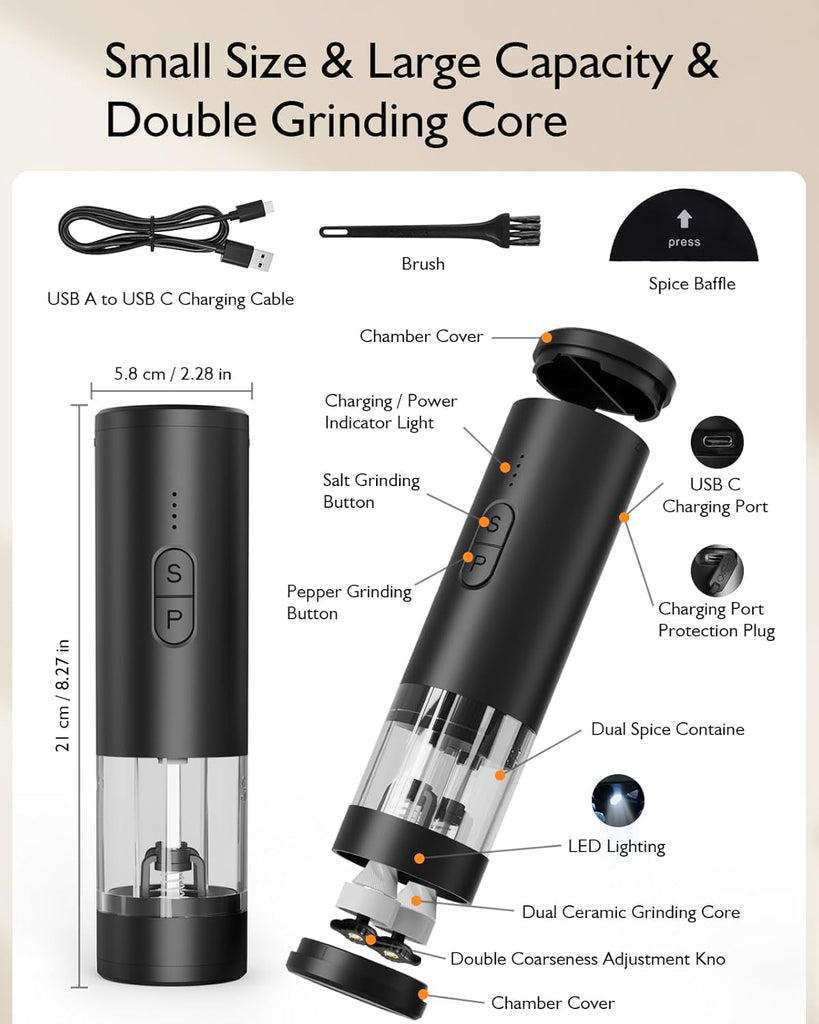 Electric Salt and Pepper Grinder Set, 2 in 1 Dual Bins USB Rechargeable