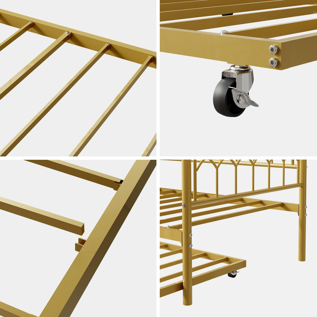 Twin Gold Daybed with Trundle with Charging Station, Led Light
