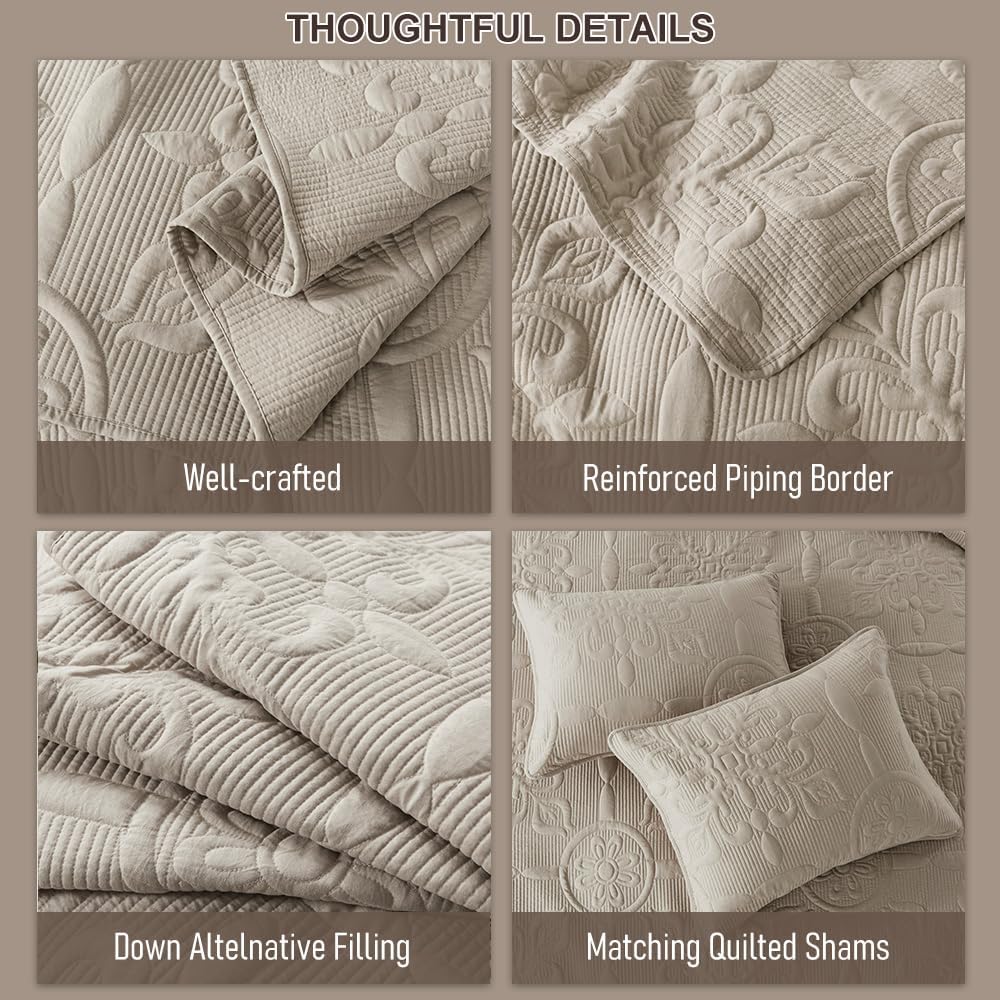 Beige Damask Quilt King Bedding Sets with 2 Pillow Shams, Boho Bedspread Lightweight Soft Farmhouse Vintage Bohemian