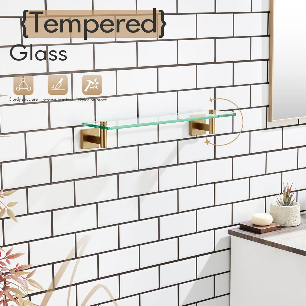 Wall Shelves Bathroom Hardware Tempered Glass Floating Shelf Hanging Rack Storage/Room Decor 20-Inch Champagne Bronze