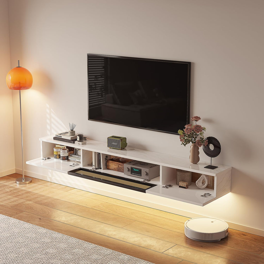 78'' Floating with Glass Door, TV Top Shelf, White
