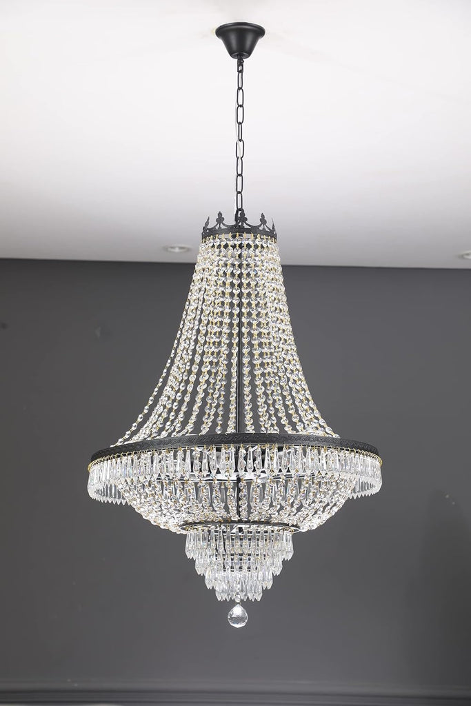 Crystal Chandelier, 9-Light French Empire Country Foyer Chandelier Pendant, Hanging Ceiling Lighting Fixture for Dining Living Room Bedroom Kitchen, W 24'' x H 30'', Black A108-B0BJFB5D36