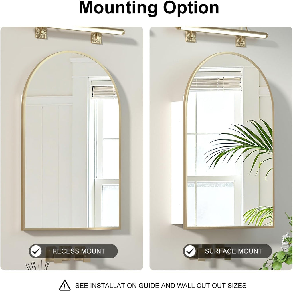 Recessed Medicine Cabinet,Arched Medicine Cabinet with Mirror | Brushed Gold Metal Edge,3 Adjustable Glass