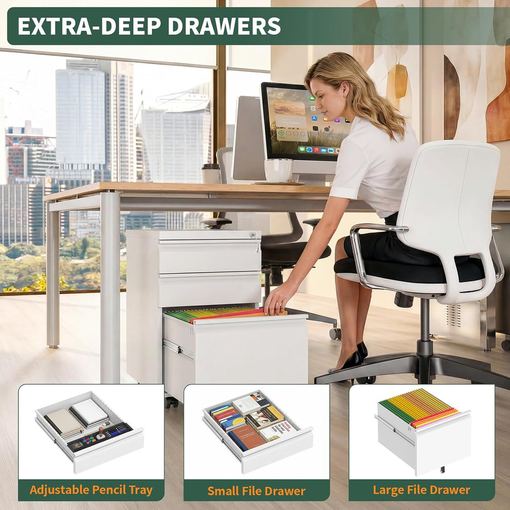 Small File Cabinet ,Metal Mobile Filing Cabinet | Fully Assembled,Under Desk,Rolling,Central Locking System,3