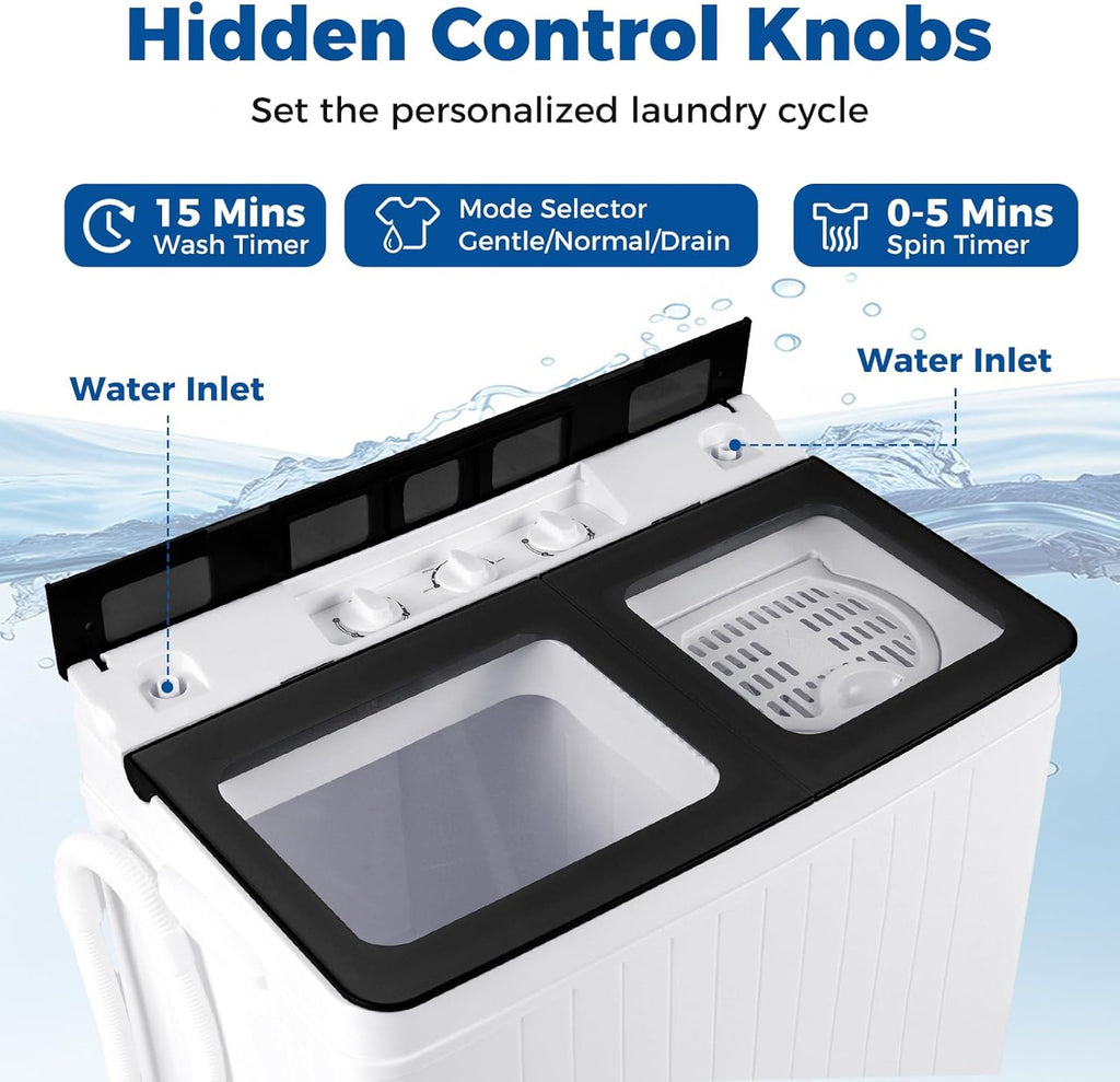 Portable Washing Machine, 26LBS Twin Tub Mini Compact Laundry Washer Spinner Combo with Drain Pump, 18Lbs Washer and