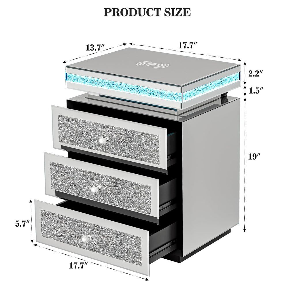 Mirrored Nightstand Set of 2, LED End Table with Wireless Charging Station, Modern Accent Side Table with 3 Crushed