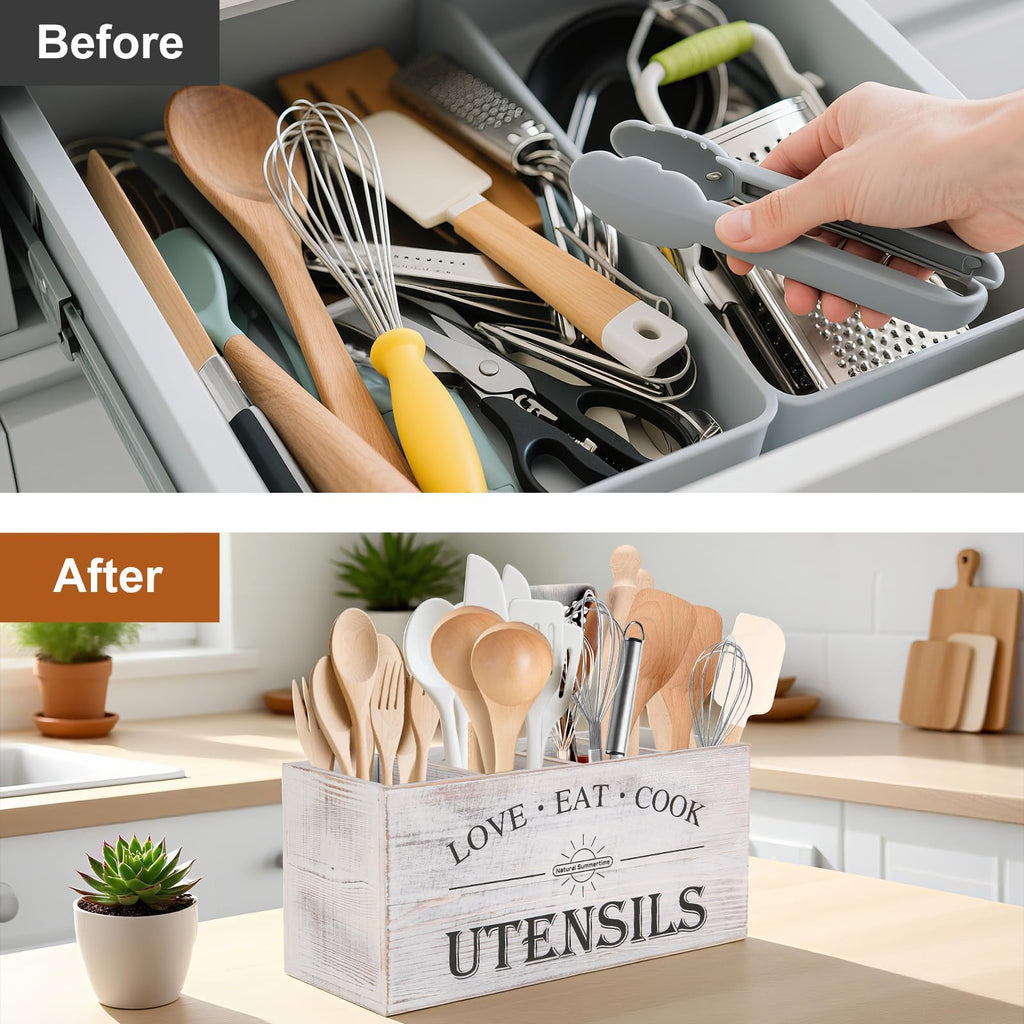 2 PC Wooden Utensil Holder,(With 4-Compartments size*1 + 3-Compartments size*1) Extra Large Kitchen Counter,Cooking