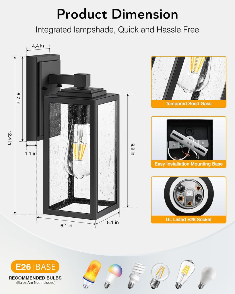 Outdoor Wall Lights, Porch Lights Outdoor Lantern, Black Waterproof Outdoor Light Fixtures Wall Mount with Seed Tempered Glass A123-B0C717X3DB