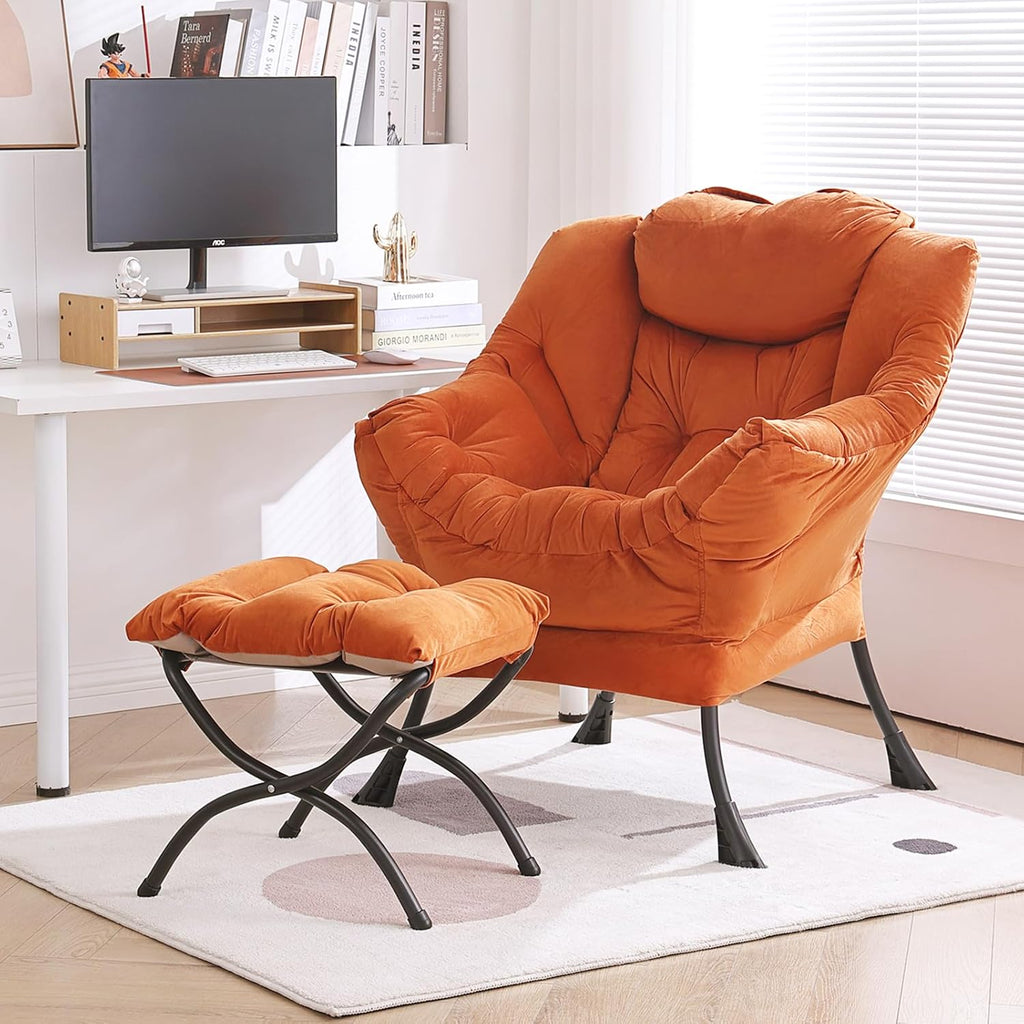 Lazy Chair with Ottoman, Modern Accent Chair with Armrests and a Side Pocket, Velvet Orange Accent Chairs, Reading