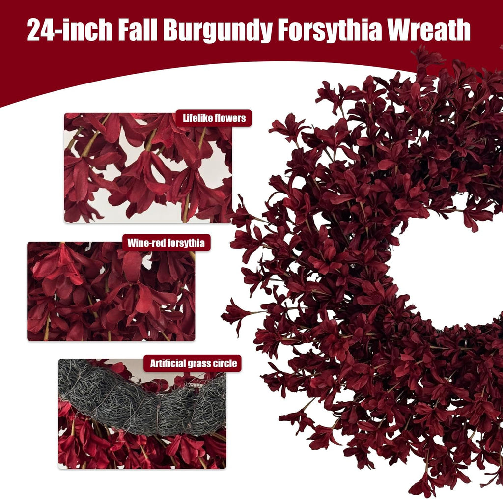 24 Inch Burgundy Fall Wreaths for Front Door, Artificial Forsythia Wreath