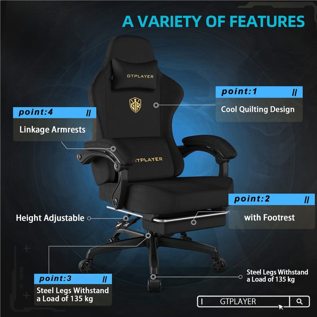 Gaming Chair Fabric with Pocket Spring Cushion, Big and Tall Gamings Chairs High Back Computer Chair with