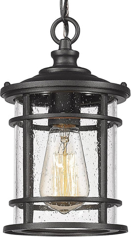 Modern Outdoor Pendant Light - Outdoor Hanging Porch Light with Seeded Glass Shade in Black Finish, BK