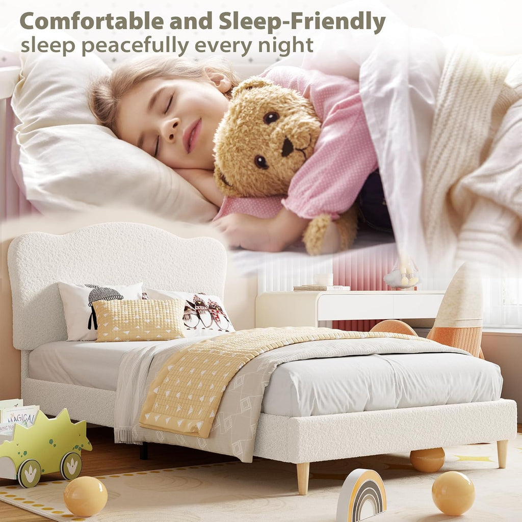 Upholstered Sturdy Twin Bed Frame for Kids, Girls, Boys, Beige | Scallop Headboard, Cute Velvet Platform Bed, No Box