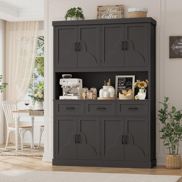 55"W Kitchen Pantry Cabinet, 76" Tall Hutch Storage Cabinet, Black