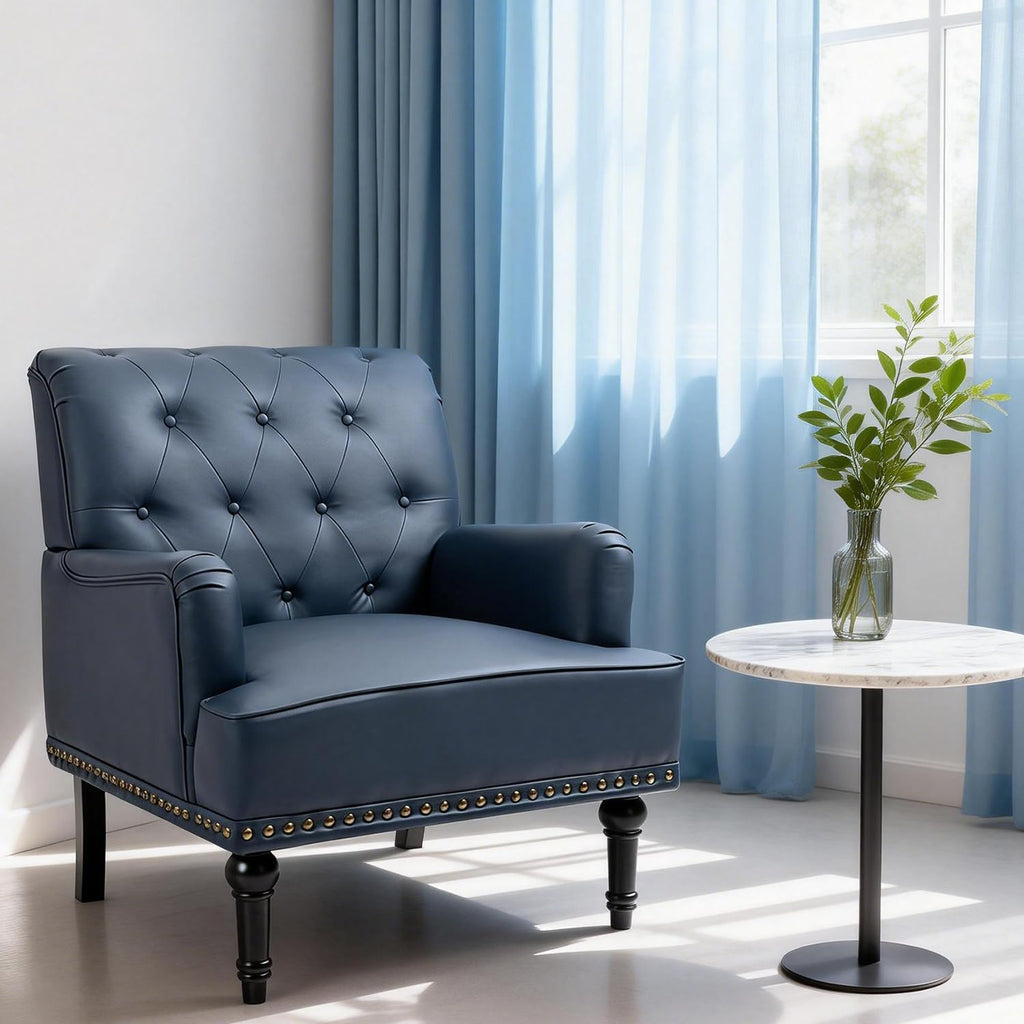 PU Leather Accent Chair, Mid-Century Armchair Living Room Sofa Chair with Rubber Wood Leg, Club Chair with Rivet Trim