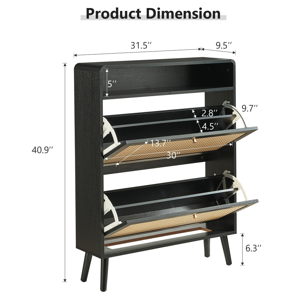 Rattan Shoe Storage Cabinet with 2 Flip Doors, Wood Narrow Shoes Cabinet with Adjustable Shelves, Freestanding Hidden