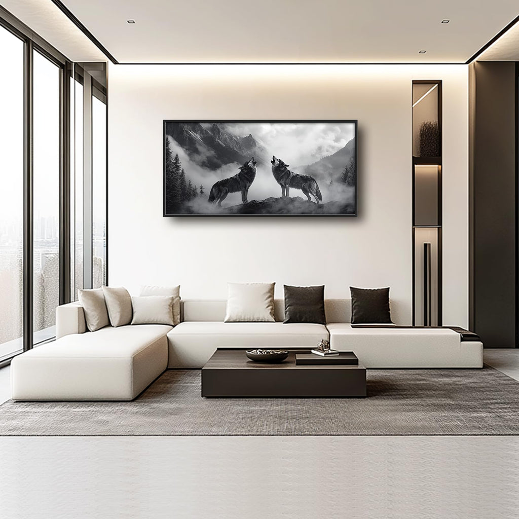 Wolf Wall Art Black And White Mountains Wall Decor Large Size Misty Forest Canvas Painting Pictures Prints Framed