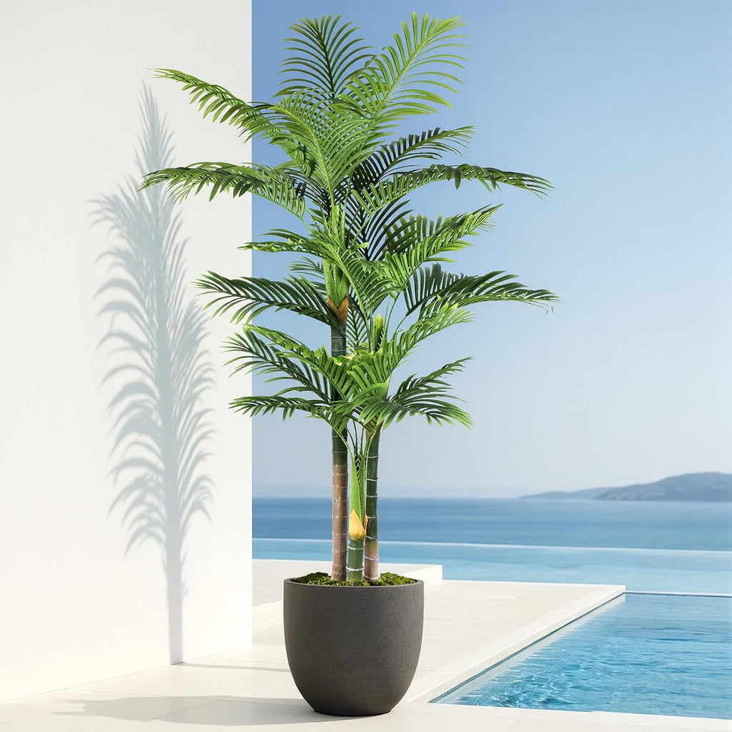 6FT Artificial Palm Tree - Tropical Faux Golden Cane Palm Tree UV Resistant Tall Fake Plant Indoor with Black Pot