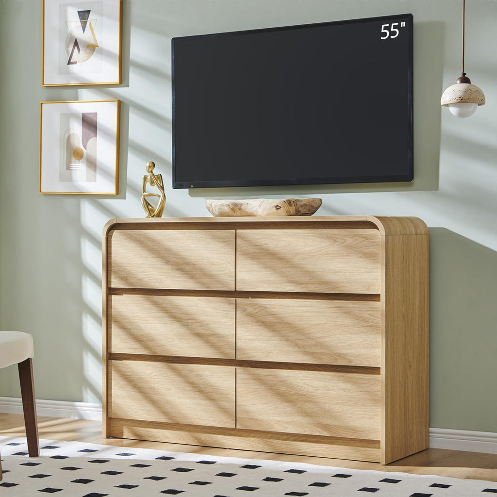 Modern 6 Drawers Dresser , 47" Wide Wood Dressers & Chests of Drawers w/Curved Profile Design, Mid Century Modern