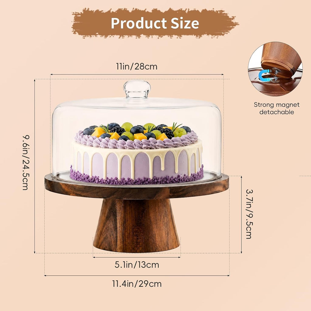 Acacia Wood Cake Stand with Lid - 12 Inch Magnetic Detachable Cake Stand with Dome, Shatterproof Acrylic Cover