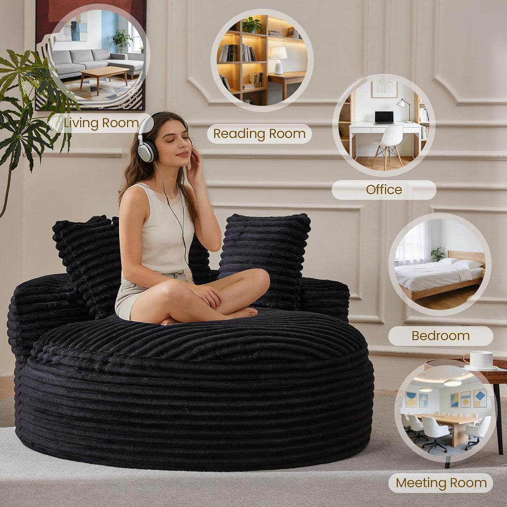 55'' Oversized Round Boneless Chair, Cozy Corduroy Cloud Chair with 3 Pillows, Deep Seat Chaise Lounge Chair Indoor