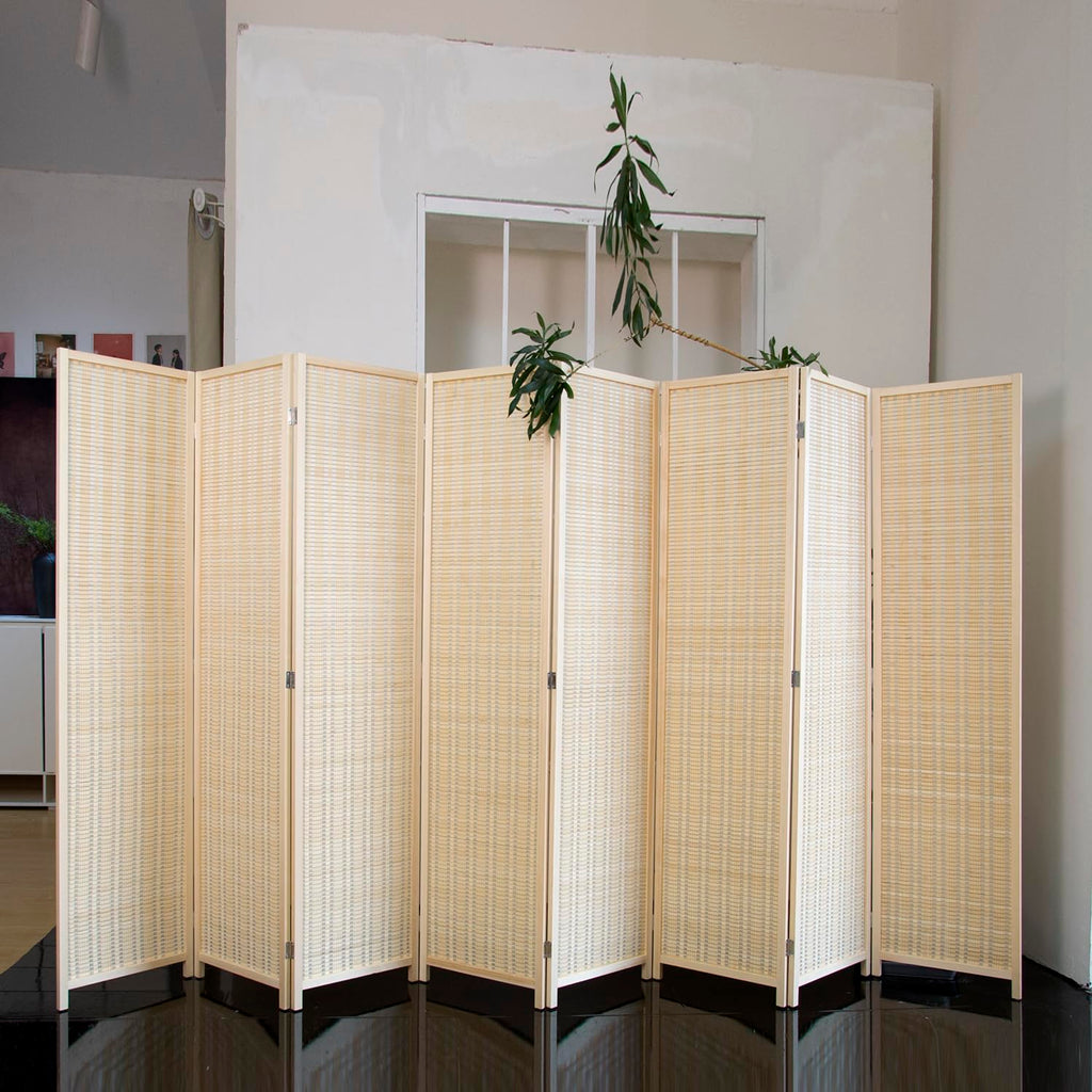 8 Panel Bamboo Room Divider - 5.6 ft Tall Natural Beige Folding Privacy Screen, Double-Sided Freestanding Partition