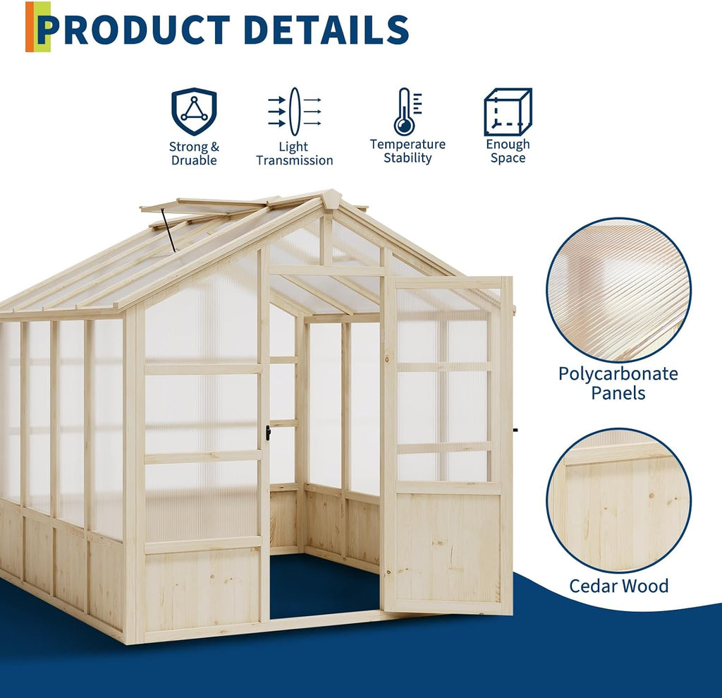 8x8FT Greenhouses for Outdoors, Wooden Greenhouse with Lockable Door, Wood Frame & Adjustable Vent, Polycarbonate