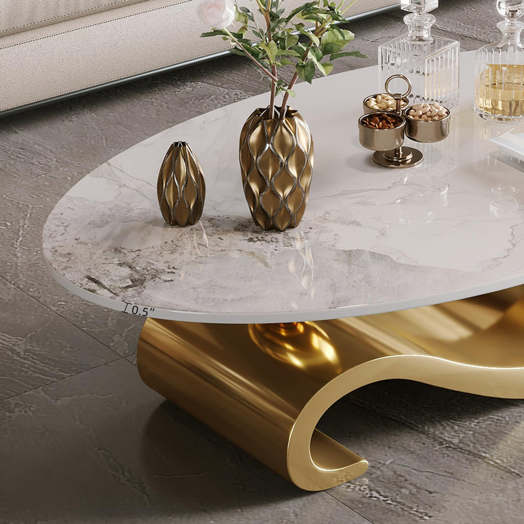 52" Oval Marble Coffee Table, Modern Luxury Center Table with Gold Stainless Steel Base, Scratch-Resistant Modern