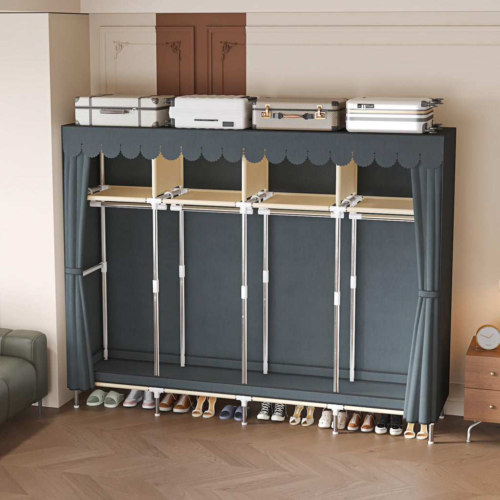 Large Portable Armoire Wardrobe Closet with 4 Hanging Rods and Lockers, Metal Storage Wardrobe Clothes Rack with Dust