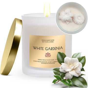 Natural Soy Wax Candle in Glass Jar | Luxury White Gardenia Scented Soy Candles with Embeds | Delicate and Floral