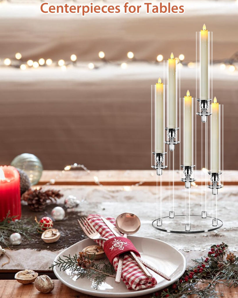 4 Set 5 Arm Acrylic Candle Holder, Mjkeomo 22'' Tall Candelabra Centerpieces for Tables, Candlesticks Holder with Lampshade for Housewarming Gift Fireplace Dinner Decor Fit 0.82'' LED Candle
