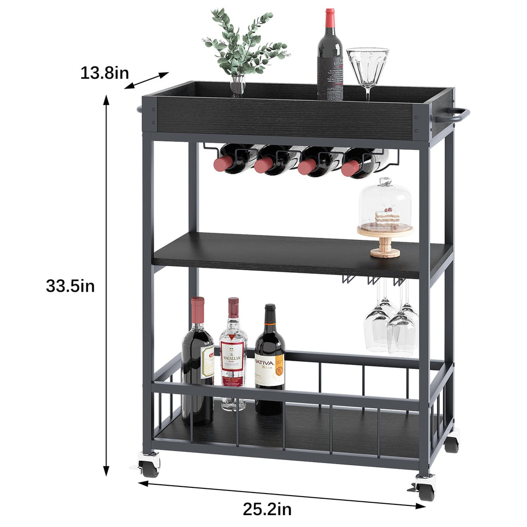 Bar Cart Serving Wine 3 Tier Home Rolling Rack with Wheels Mobile Kitchen Industrial Vintage Style Wood Metal Serving