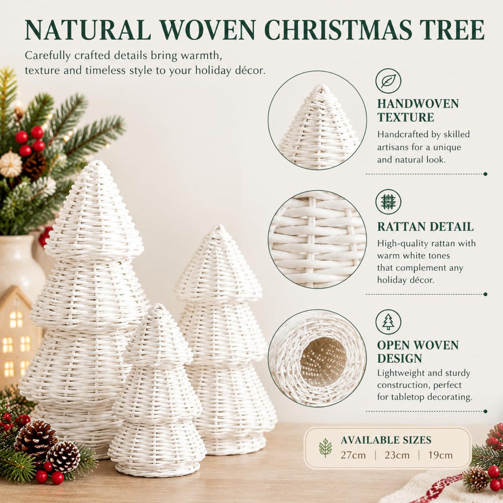 3 Pcs Woven Rattan Christmas Tree Decor, Classic Weave, White