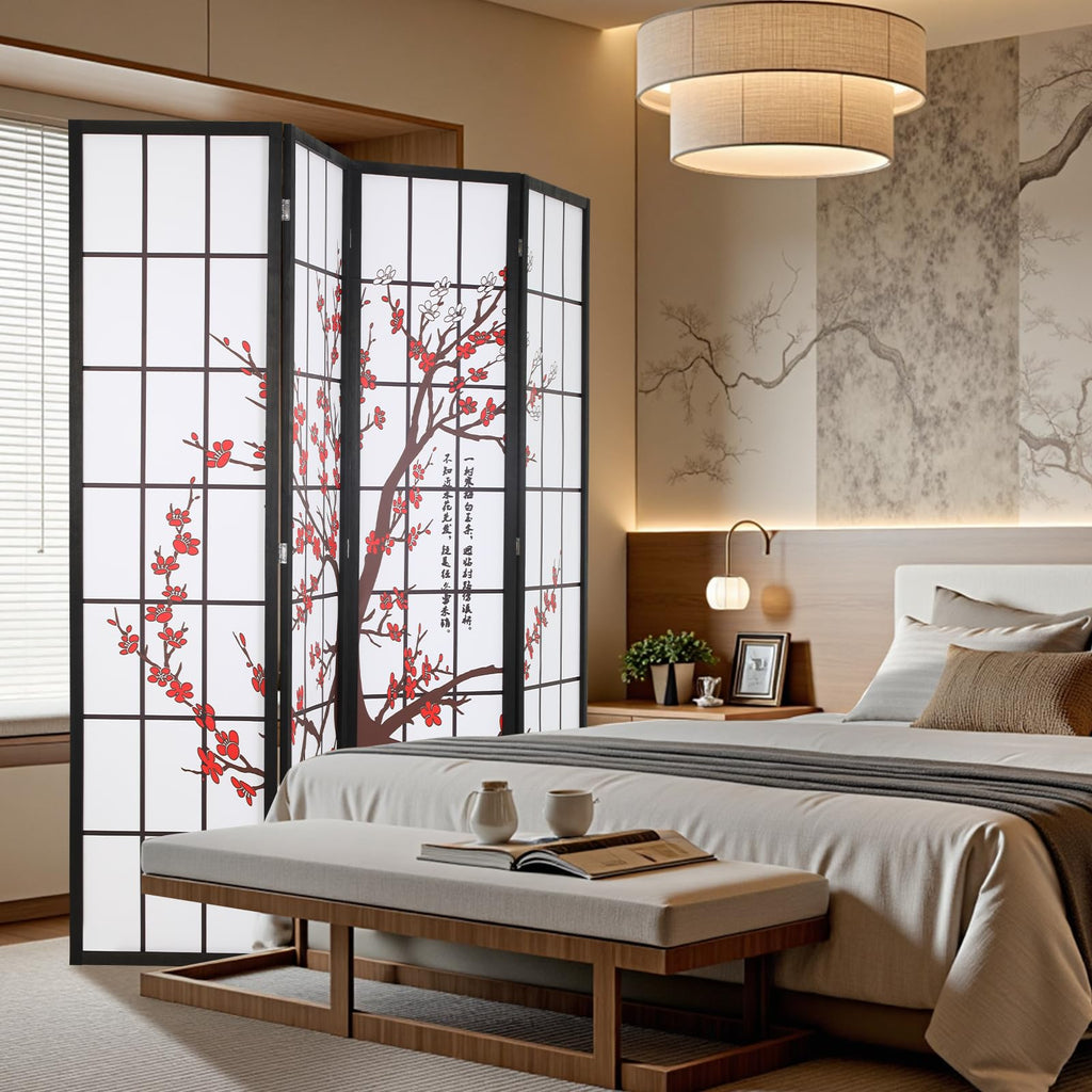 Japanese 4-Panel Screen Room Divider, 6Ft Folding Privacy Divider, White
